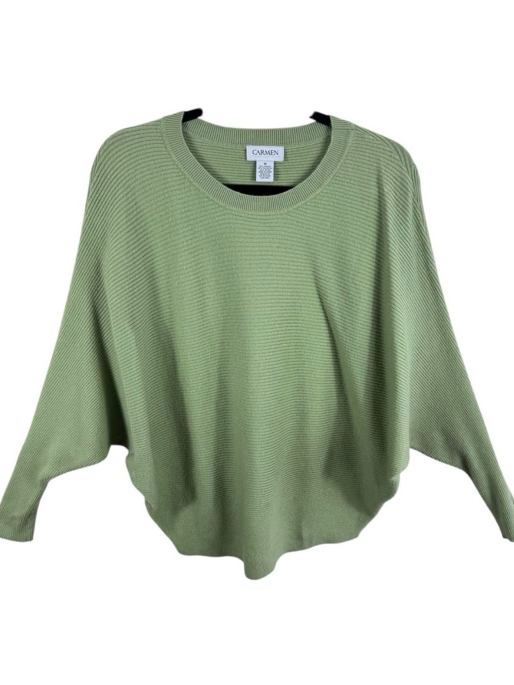 Carmen Marc Valvo Ribbed Knit Batwing Sleeve Sweater Green‎ Zipper Detail Medium